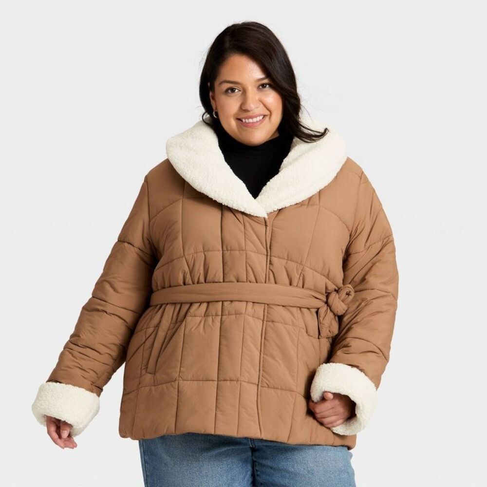 Women's Belted Faux Shearling Puffer Jacket - Ava & Viv Tan 3X